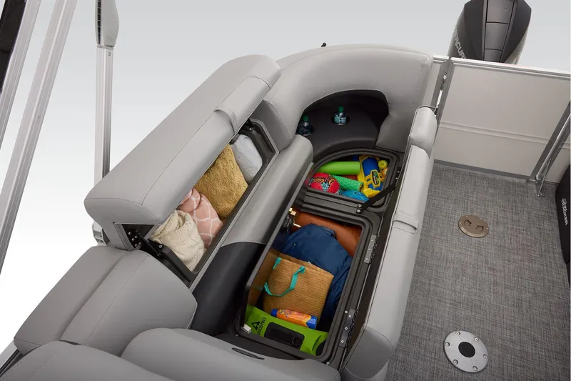 Slide: The Image of Manufacturer Provided Image: 2026 Sun Tracker Party Barge 22 XP3 storage compartments with various items and accessories. - 67