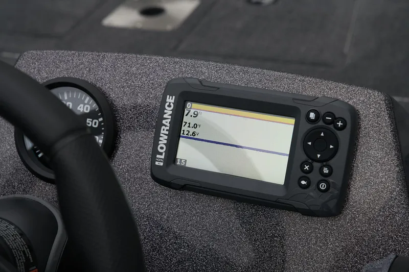 Slide: The Image of Manufacturer Provided Image: Manufacturer Provided Image: Lowrance fishfinder on 2025 Ranger VS1665SC boat dashboard, displaying depth readings. - 25