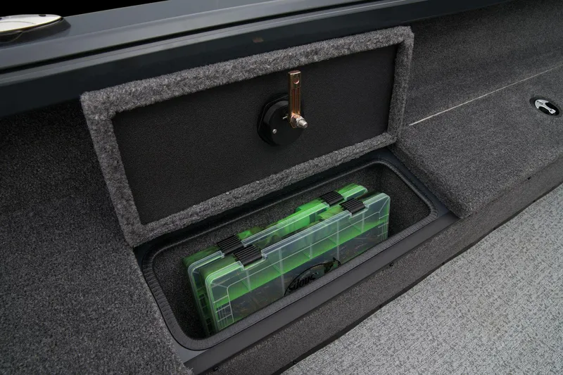 Slide: The Image of Manufacturer Provided Image: Manufacturer Provided Image: 2025 Ranger VS1665SC storage compartment with tackle boxes, featuring secure lock and carpeted interior. - 33