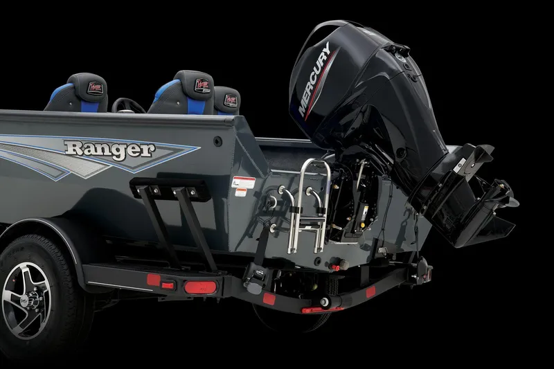 Slide: The Image of Manufacturer Provided Image: Manufacturer Provided Image: 2025 Ranger VS1665SC boat with Mercury outboard motor, rear view, black background. - 45