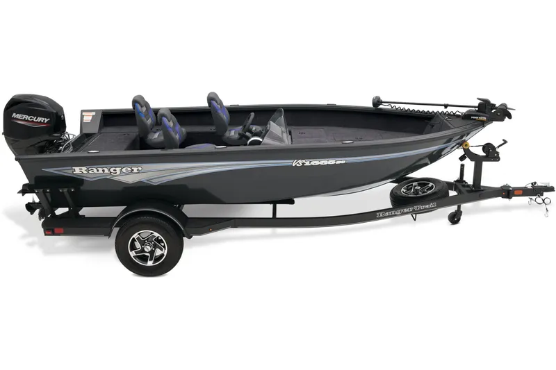 Slide: The Image of Manufacturer Provided Image: Manufacturer Provided Image: 2025 Ranger VS1665SC fishing boat with trailer, featuring dual seats and Mercury outboard motor. - 5