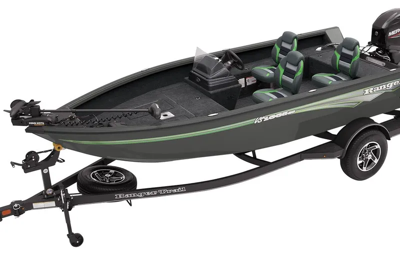 Slide: The Image of Manufacturer Provided Image: 2026 Ranger VS1665SC fishing boat on trailer with green accents and seating. - 76