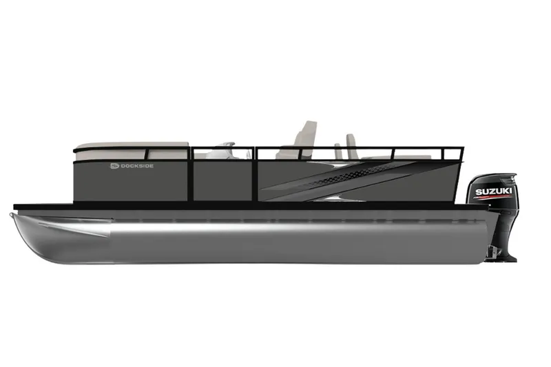 Slide: The Image of 2026 Dockside 22DF pontoon boat with Suzuki outboard motor, side view. - 0