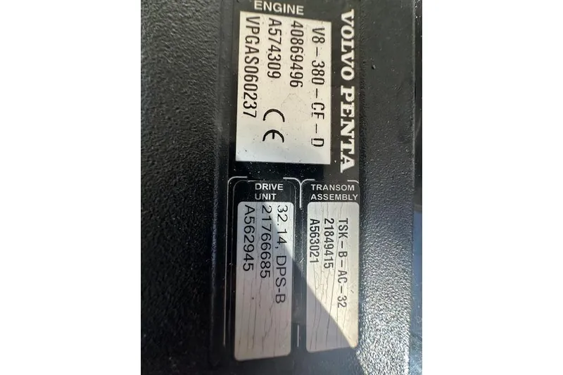 Slide: The Image of Volvo Penta engine label on 2016 Cobalt A28 boat, showing model and serial numbers. - 58