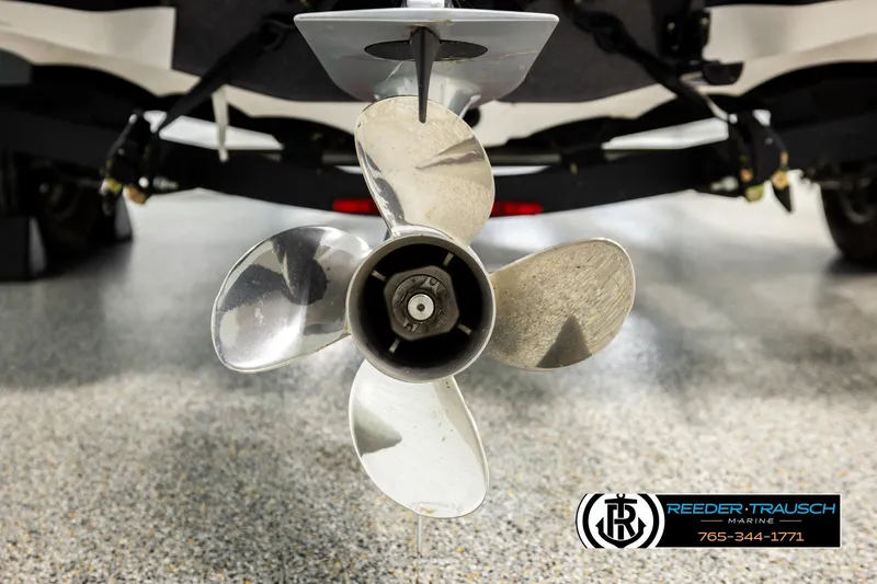 Slide: The Image of Close-up of a Ntiro Z17 boat propeller, 2021 model, on a showroom floor. - 48