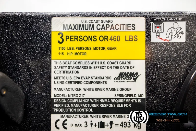 Slide: The Image of U.S. Coast Guard capacity label for 2021 Ntiro Z17 boat, 3 persons or 460 lbs. - 54