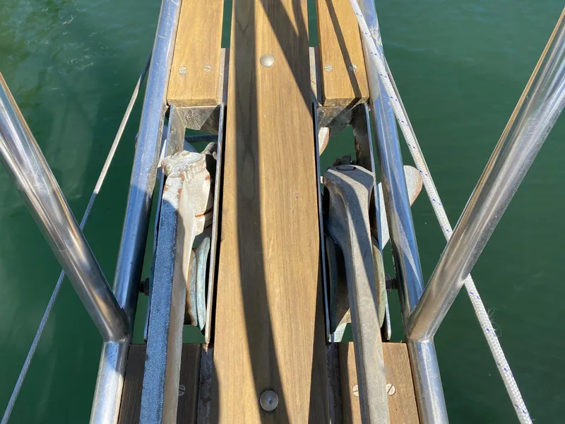 Slide: The Image of Bow pulpit of 1981 Hans Christian 38 Mark II sailboat with teak decking. - 42
