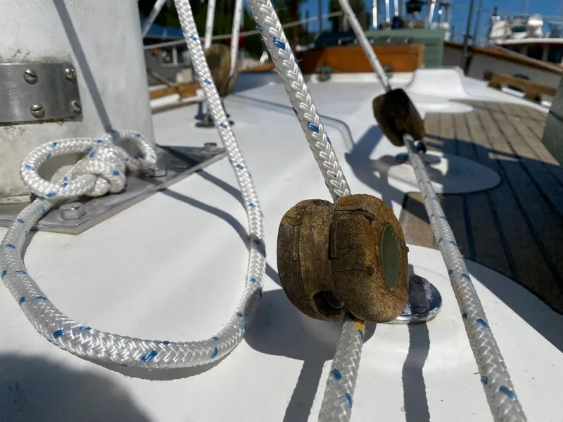 Slide: The Image of Close-up of rigging on a 1981 Hans Christian 38 Mark II sailboat. - 45