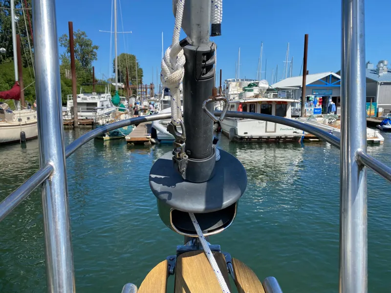 Slide: The Image of Bow view of a Hans Christian 38 Mark II yacht in the marina. - 48