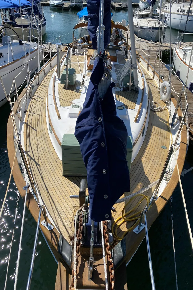 Slide: The Image of Hans Christian 38 Mark II sailboat docked, built in 1981. - 49