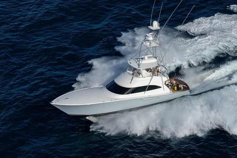 Slide: The Image of Interior of 2015 Viking 62 Convertible yacht with twin beds and modern decor. - 52