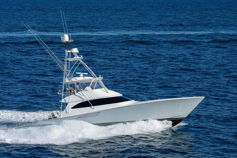 Slide: The Image of Cozy twin cabin interior of 2015 Viking 62 Convertible yacht with modern decor. - 53