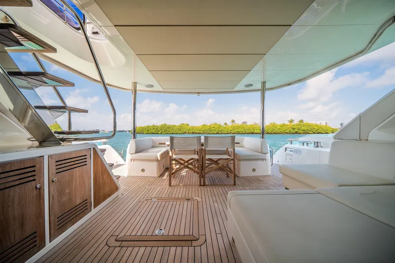 Slide: The Image of Luxurious 2019 Sunseeker 76 Yacht deck with seating, overlooking serene waters. - 28