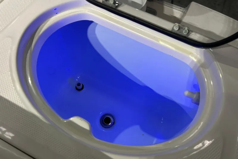 Slide: The Image of Livewell with blue lighting on 2023 Robalo R242 Center Console boat. - 32