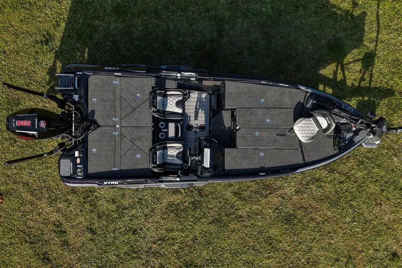 Slide: The Image of 2026 Bass Cat Eyra SP fishing boat, aerial view on grass. - 9