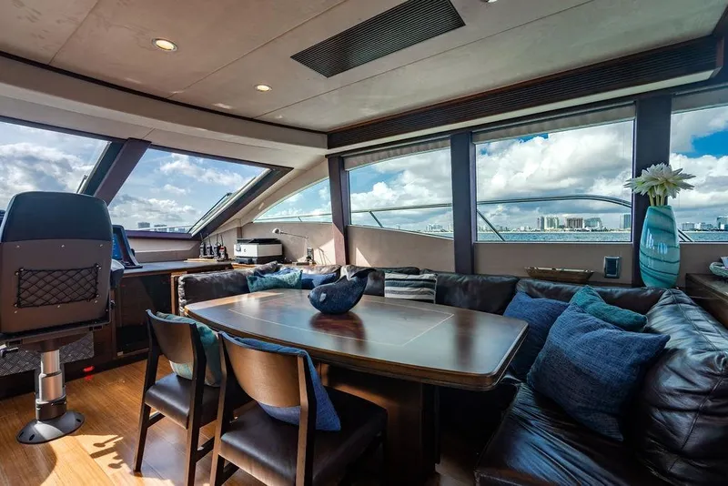 Slide: The Image of Luxurious interior of 2013 Lanzarote Ventuno 73 yacht with panoramic windows and elegant seating. - 49