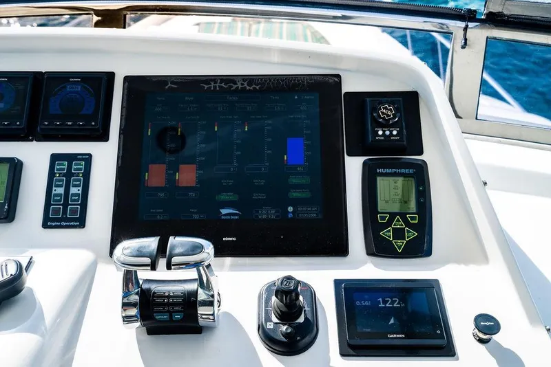 Slide: The Image of Control panel of Lanzarote Ventuno 73 yacht, featuring navigation and engine displays. - 30