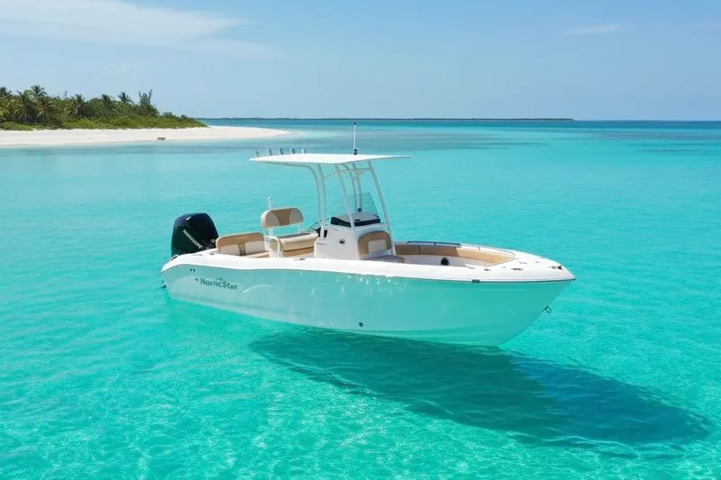 The Image of 2024 NauticStar 222L Offshore boat on clear turquoise water near a sandy beach. - 0