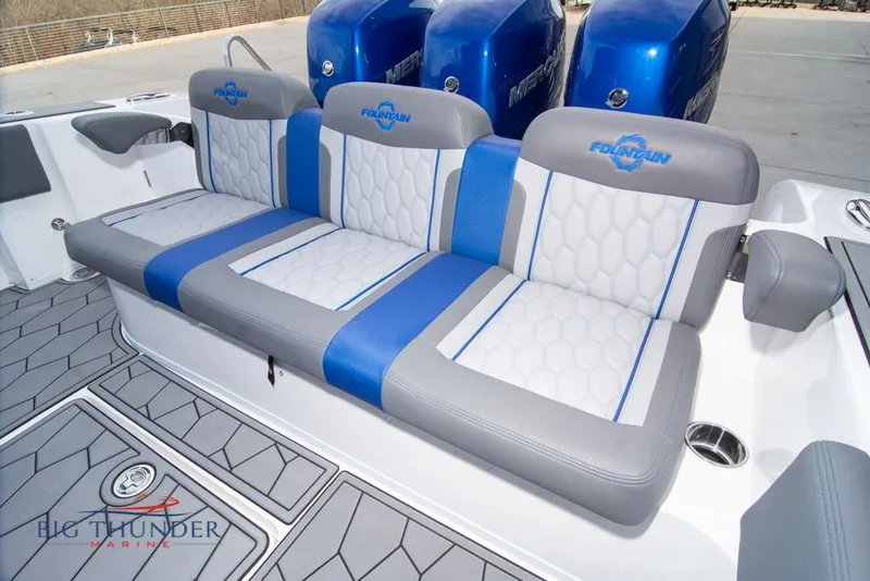 Slide: The Image of 2022 Fountain 38 SC boat interior with stylish seating and modern design. - 19
