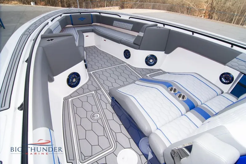 Slide: The Image of Dashboard of 2022 Fountain 38 SC boat with navigation and control screens. - 46