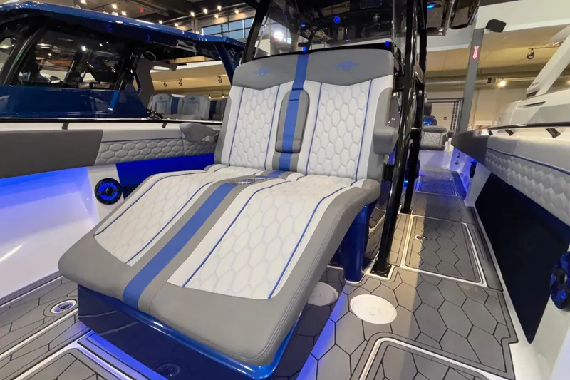 Slide: The Image of 2022 Fountain 38 SC boat interior with luxurious seating and modern design. - 82