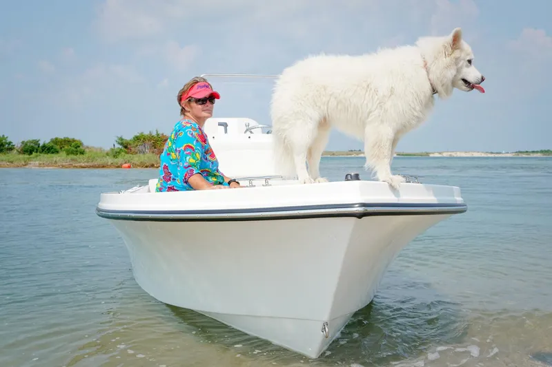 Slide: The Image of Manufacturer Provided Image: Person and dog on a 2017 Parker 1801 Center Console boat in shallow water. - 13