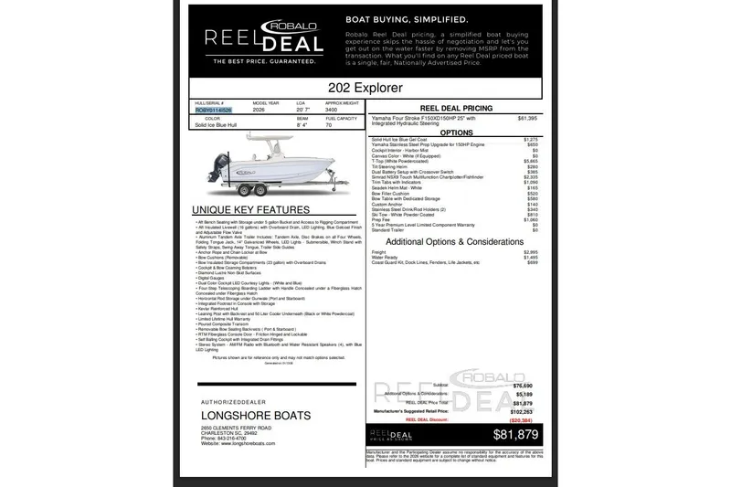 Slide: The Image of 2026 Robalo R202 Explorer boat features, pricing, and options sheet. - 6