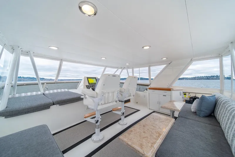 Slide: The Image of 1995 Tollycraft 57 Walk Around Pilothouse interior with seating and helm, overlooking water. - 40