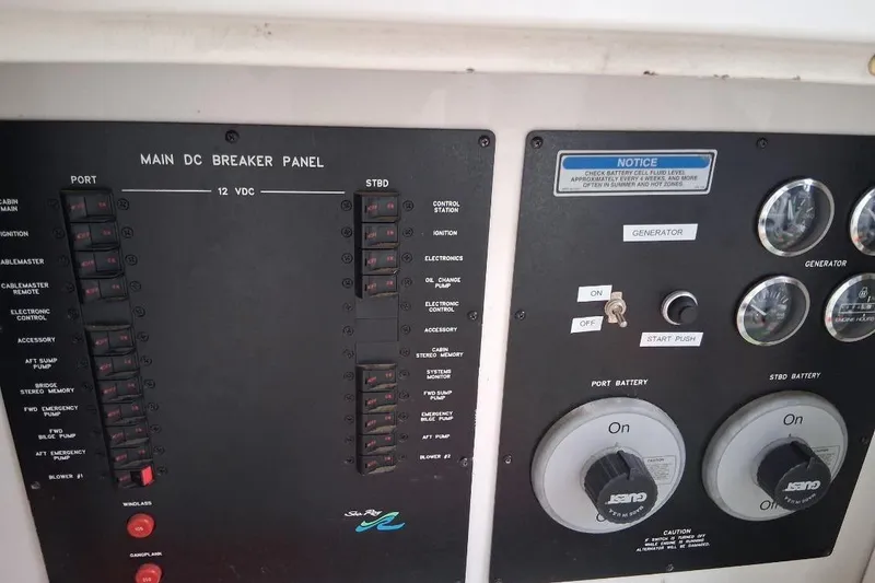 Slide: The Image of Main DC breaker panel on 2000 Sea Ray 460 Sundancer boat, featuring battery controls and gauges. - 13