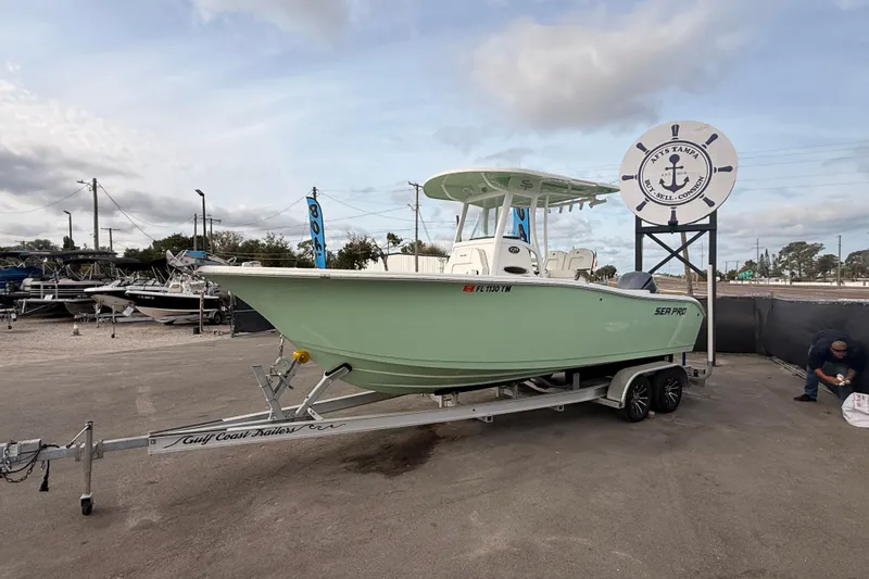 Slide: The Image of 2023 Sea Pro 239 Center Console boat on trailer at dealership. - 8