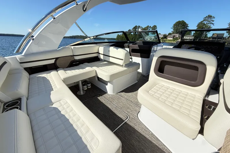 Slide: The Image of Luxurious interior of 2021 Cobalt R30 boat with plush seating and modern design. - 7