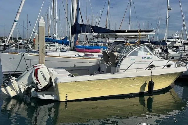 Slide: The Image of 1998 Pro-Line 2610 Walkaround boat docked in marina with Evinrude outboard motor. - 18