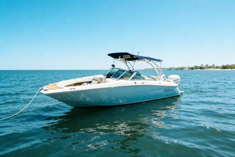 The Image of 2018 Cobalt 25SC boat anchored on calm blue ocean waters under clear sky. - 1