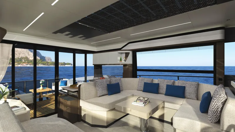 Slide: The Image of Luxurious 2026 Absolute 48 Coupe yacht cruising with city skyline view. - 11