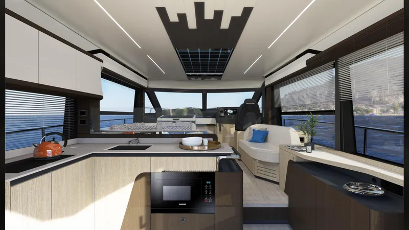 Slide: The Image of 2026 Absolute 48 Coupe yacht cruising near city skyline under cloudy skies. - 9