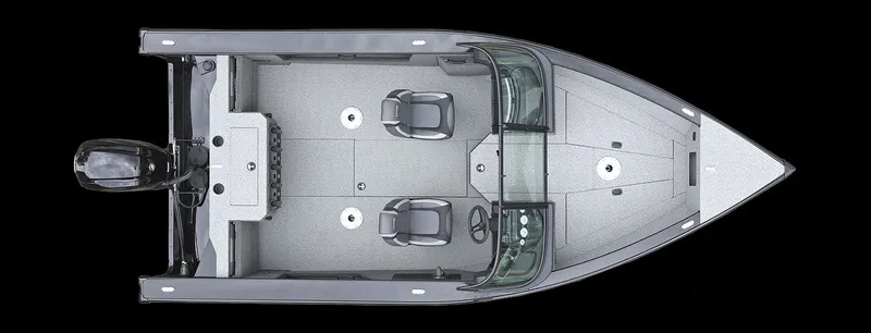 Slide: The Image of Lund 1875 Fisherman 2026, top view, gray deck, two seats, outboard motor. - 9