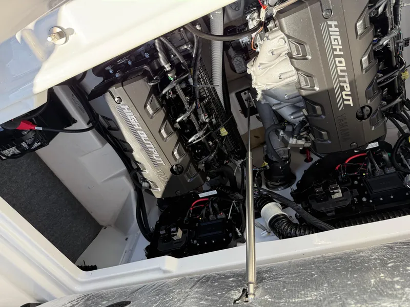 Slide: The Image of 2023 Yamaha Boats AR250 engine compartment with high output engines. - 26