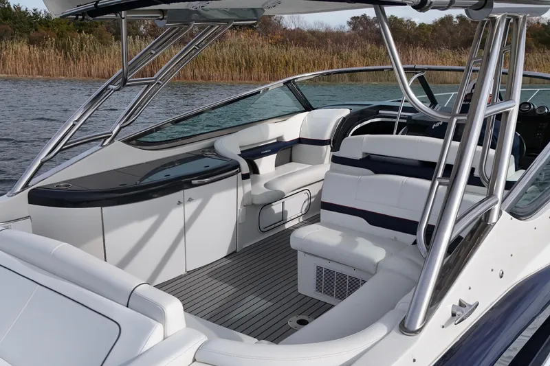 Slide: The Image of 2017 Formula 370 Super Sport boat interior with sleek seating and modern design. - 8
