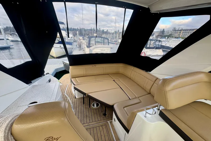 Slide: The Image of Luxurious interior of 2021 Sea Ray Sundancer 350 yacht with tan leather seating. - 3