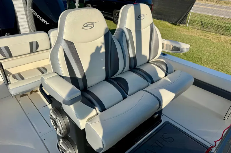 Slide: The Image of Luxury seating on 2021 ShearWater 27 Carolina boat, featuring premium upholstery and design. - 15