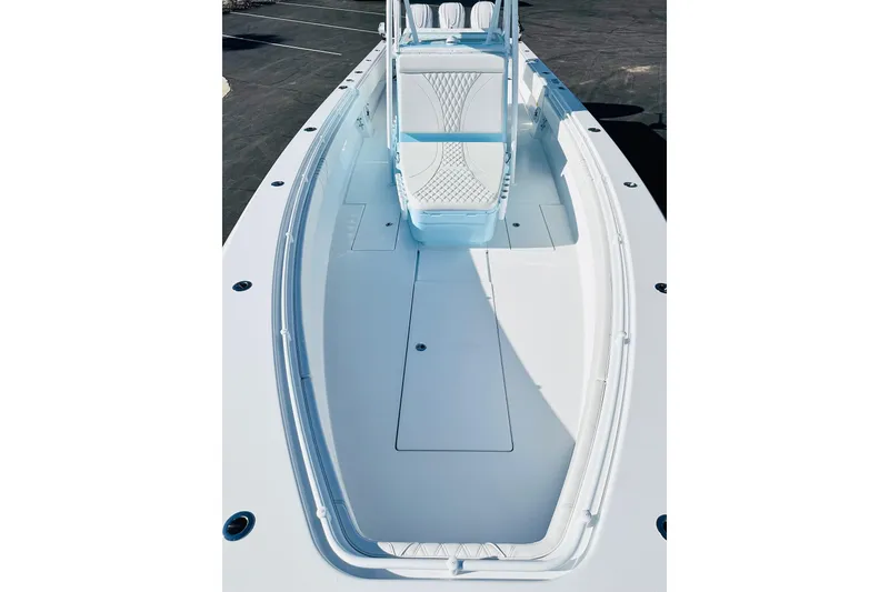Slide: The Image of 2025 Contender 39 ST boat deck, spacious and sleek design, white finish. - 21
