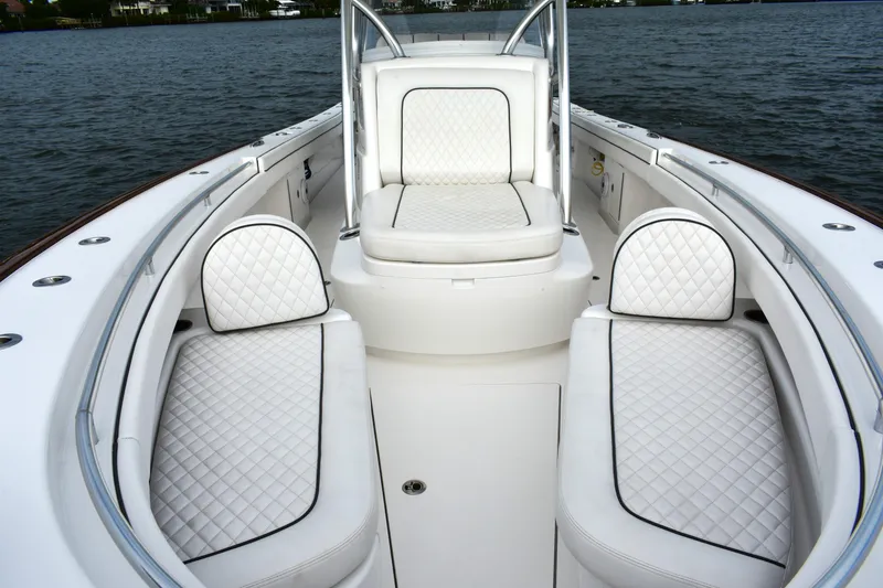 Slide: The Image of Luxurious 2021 Valhalla V-33 boat interior with white quilted seating. - 13
