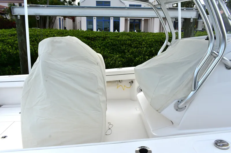 Slide: The Image of 2021 Valhalla V-33 boat with covered seats and stainless steel frame. - 6