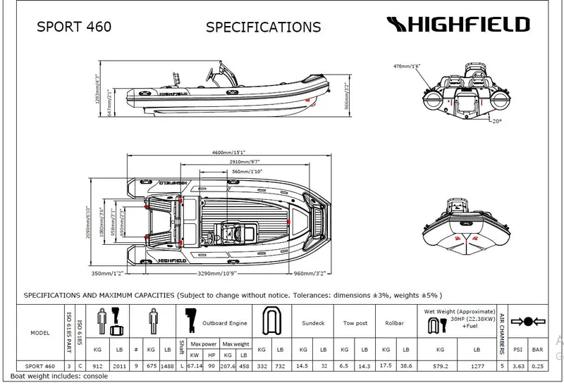 Slide: The Image of Manufacturer Provided Image: 2022 Highfield Sport 460 specifications sheet with detailed dimensions and capacities. - 2