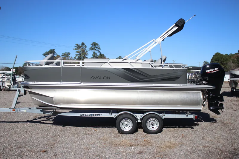 The Image of 2026 Avalon VENTURE 85 QUAD pontoon boat on trailer, side view. - 0