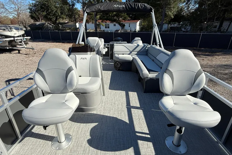 Slide: The Image of 2026 Avalon VENTURE 85 QUAD pontoon boat with spacious seating and modern design. - 8