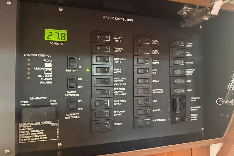 Slide: The Image of Electrical panel of a 2006 Princess V48 yacht showing 24V DC distribution and controls. - 36