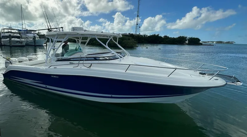 The Image of 2007 Hydra-Sports Vector 3300 VX boat docked on calm water under a partly cloudy sky. - 0