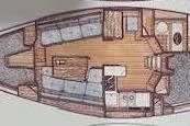 Slide: The Image of Interior layout of a 1987 Beneteau First 375 sailboat, showcasing cabin and amenities. - 43