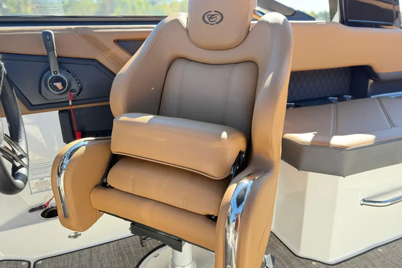 Slide: The Image of Luxurious tan leather seat in 2025 Cobalt R8 boat interior. - 13